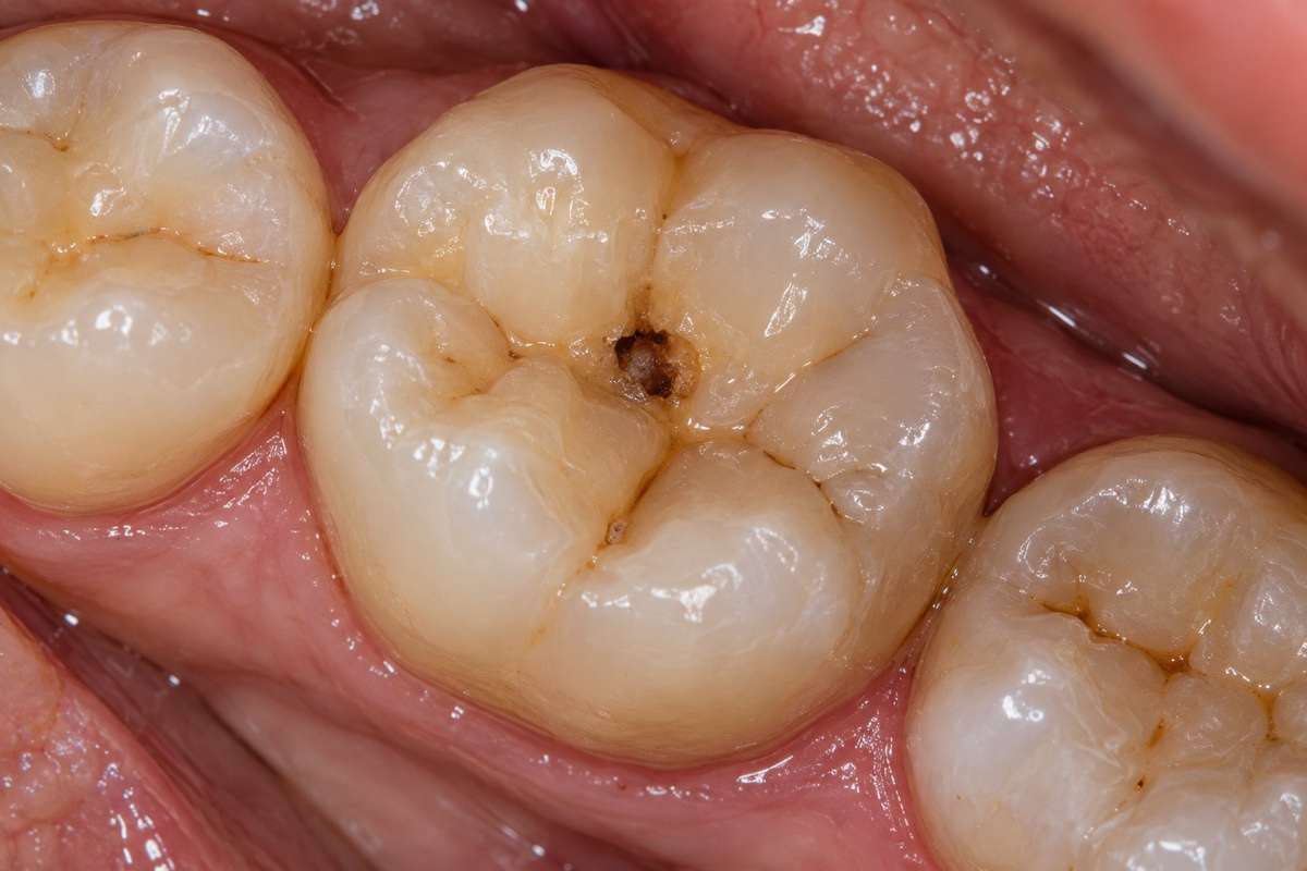 Clinical example of a small visible cavity in a back tooth