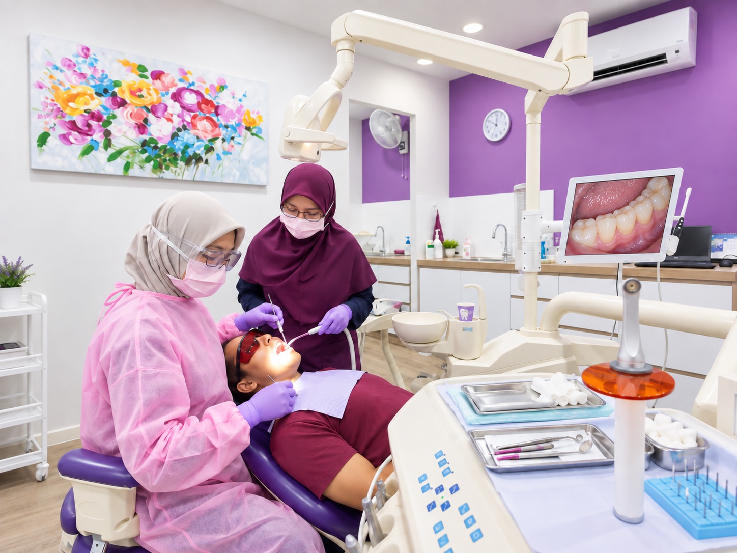 Dental treatment room and care team at Dental Suite USJ