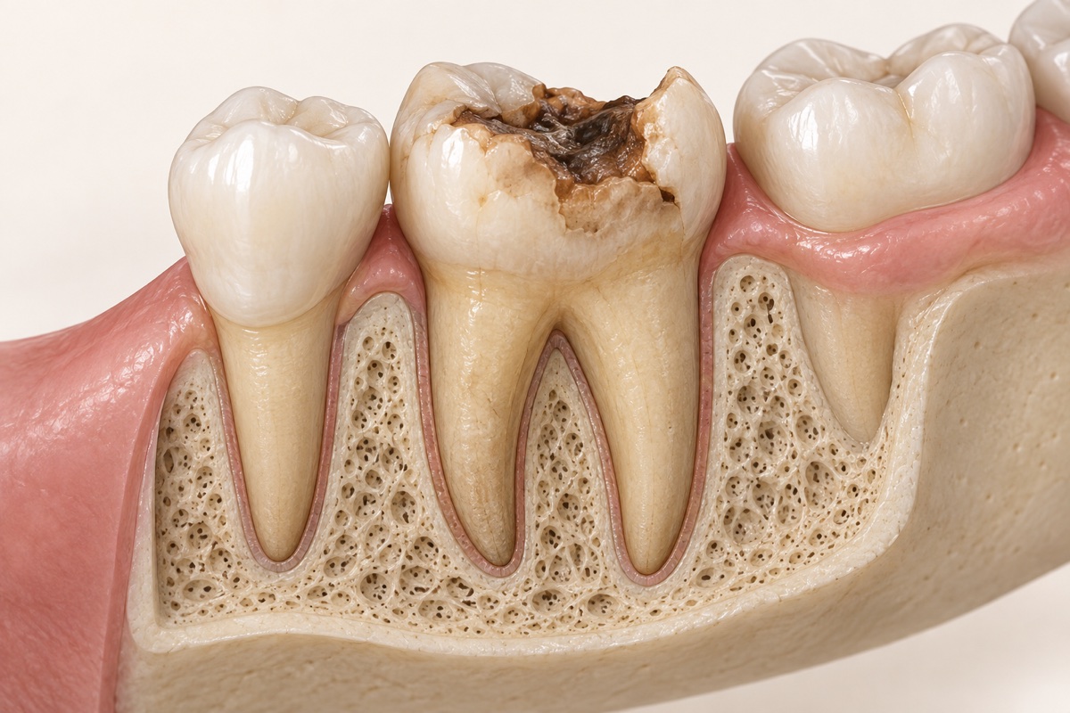 Dental illustration of a severely damaged back tooth