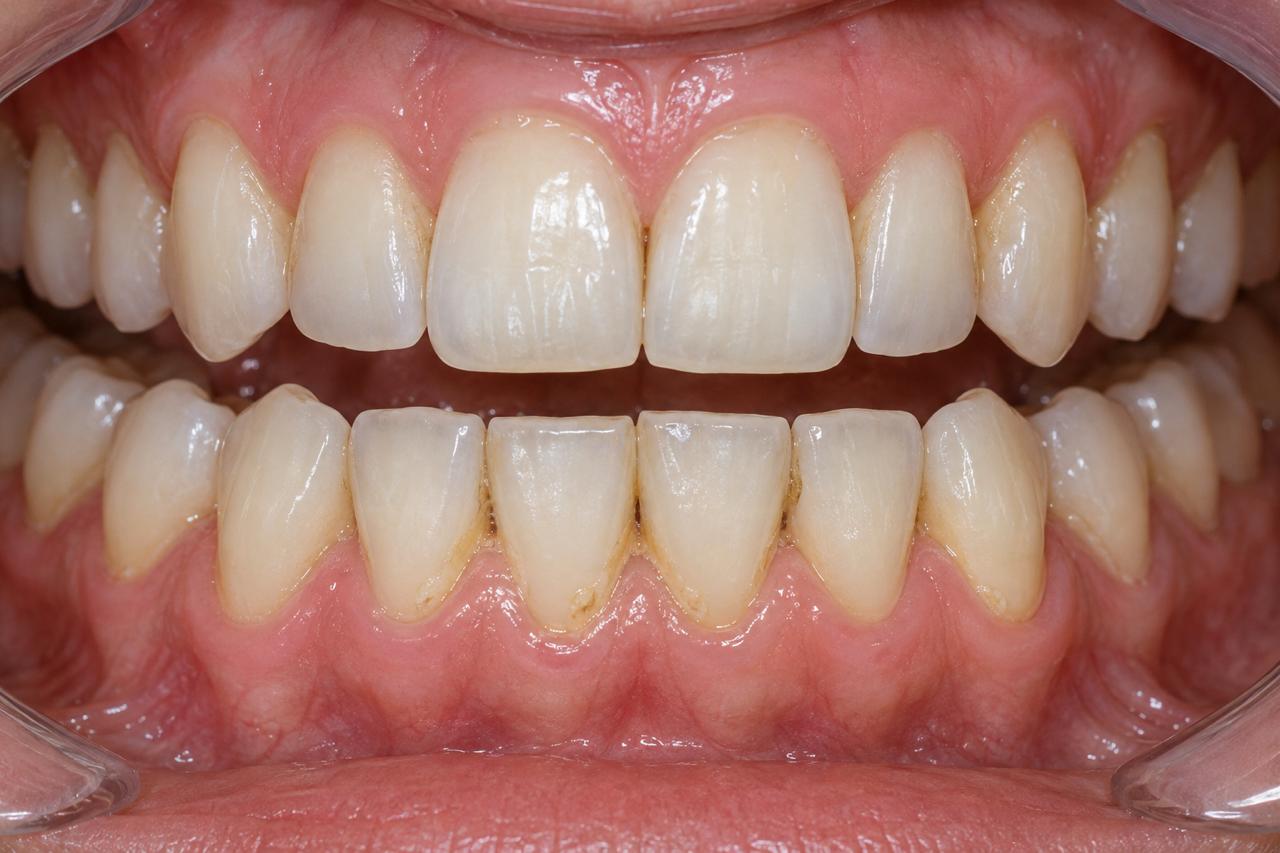 Example with relatively light visible deposits around the lower front teeth